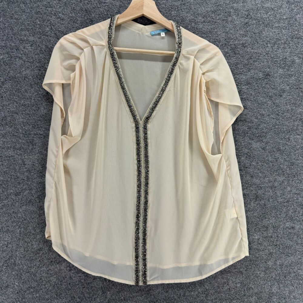 Moonlight Blouse Women M Medium Beige Rhinestone V-Neck Short Sleeve Casual